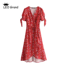Leo Grand women vintage floral printed dress puff sleeves bow tie sashes design midi dresses cross V neck vestidos mujer 915024