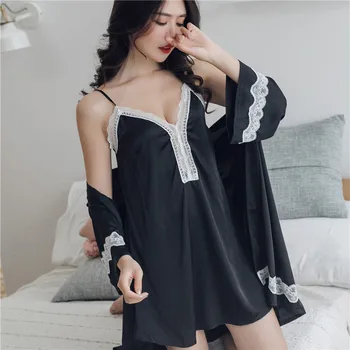 

Summer Casual Nightwear Home Dress 2 Pieces Sleepwear Women Rayon Kimono Bath Gown Sexy V-Neck Nighty+Robe Suit Lace Trim M-XL