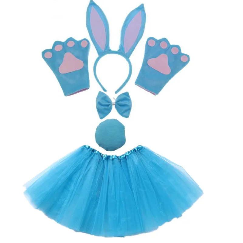 

Long Bunny Ear Headband Bow Tie Tail Paws Gloves Tutu Skirt Costume Set Cosplay Accessories Kids Party Dress Up Props