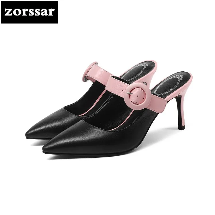 

{Zorssar} 2018 Genuine Leather High heels mules shoes womens slippers sandals 2018 New Woman Slides Summer women Female Footwear