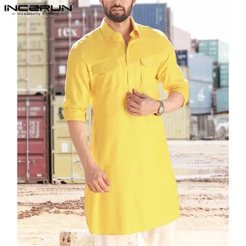 

INCERUN Mens Shirt Indian Clothing Pockets Lapel Neck Loose Long Sleeve Solid Long Shirts Men Pakistan Muslim Clothes 2020 5XL