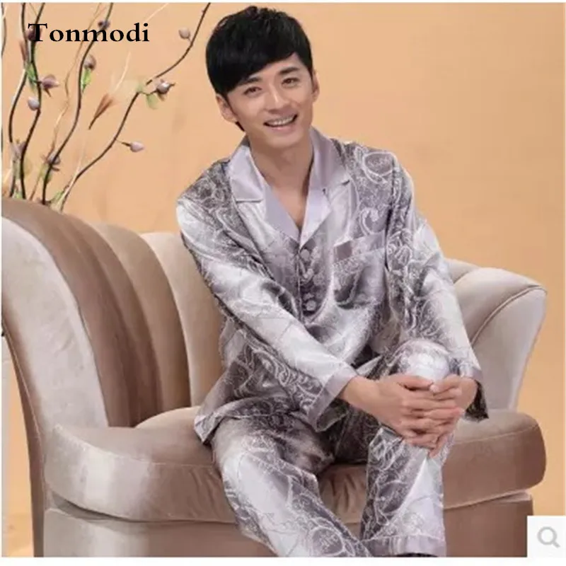 

New Luxury pajamas Men Cardigan Sleepwear Silk long-sleeved Satin Mens Pyjamas Men's Lounge Pajamas Set Plus Size 4XL