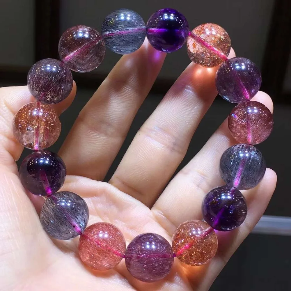 

14.2mm Natural Colorful Purple Super 7 Melody Stone Genuine Crystal Bracelets Round Bead For Women Gift Stretch Bracelet AAAAAA