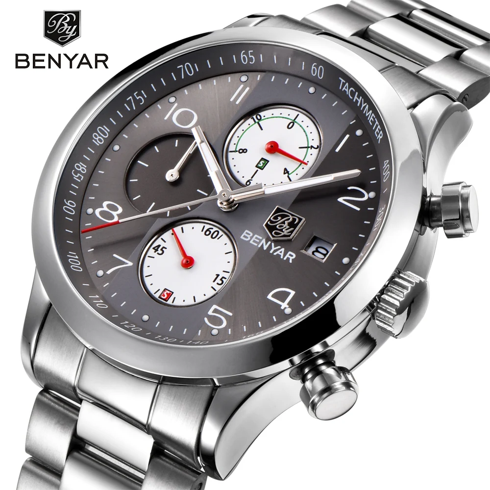 

BENYAR Fashion Men Stainless Steel Strap Brand Quartz Watch Chronograph Sport Watches Clock Relogio Masculino Reloj Hombre grey