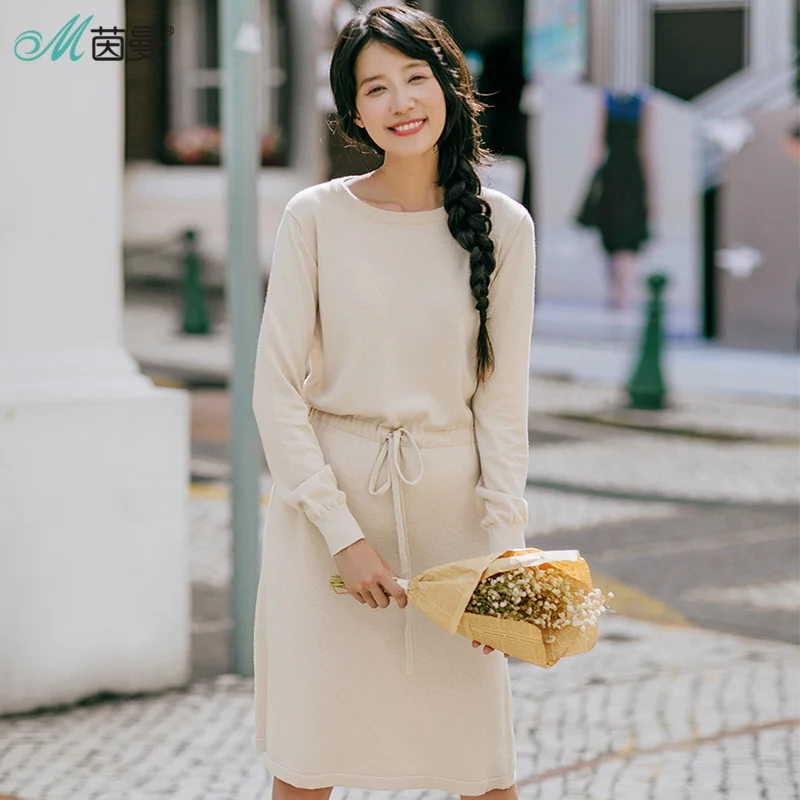 

INMAN Women Winter Long Dresses Drawstring Solid Color Leisure Knitted Dress