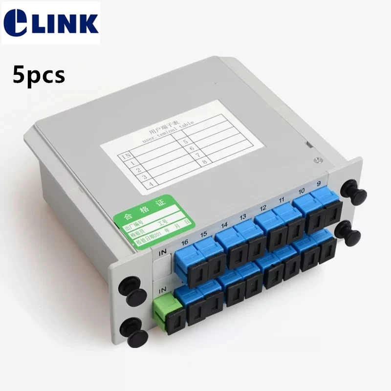 5pcs 1x16 LGX box fiber Splitter GEPON FTTH SM SC/APC 1*16 PLC optical coupler Cassette Telecom GPON ELINK Plannar waveguide