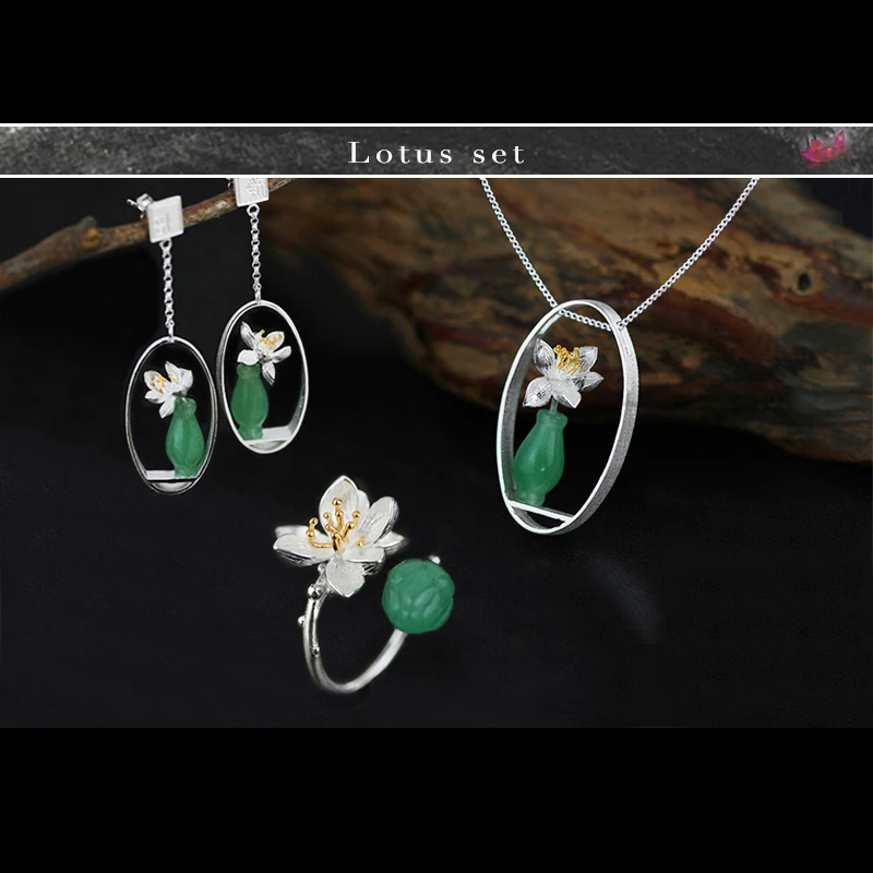 

Lotus Fun Real 925 Sterling Silver Natural Chalcedony Handmade Fine Jewelry Flower Lotus Whispers Jewelry Set for Women Bijoux
