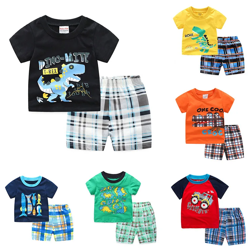 2019 Baby Boys Sets Summer Dinosaur Clothes T shirt+Lattice Short Pants
