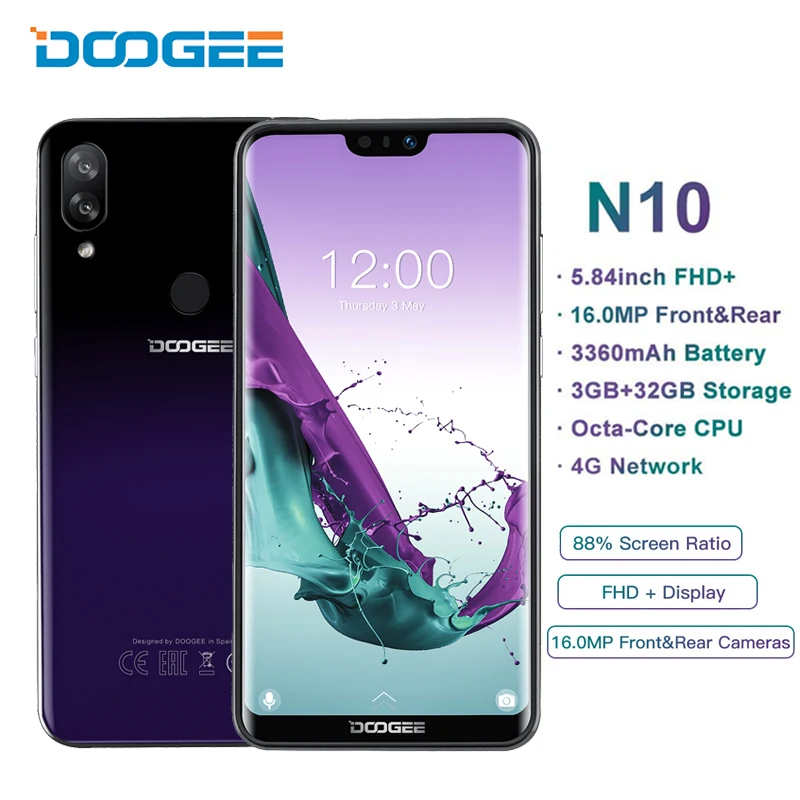 

DOOGEE N10 4G Smartphone Android 8.1 5.84" 19:9 Notch Screen Dual Sim 16.0MP Mobile Phone Octa Core 3GB RAM 32GB ROM Face Unlock