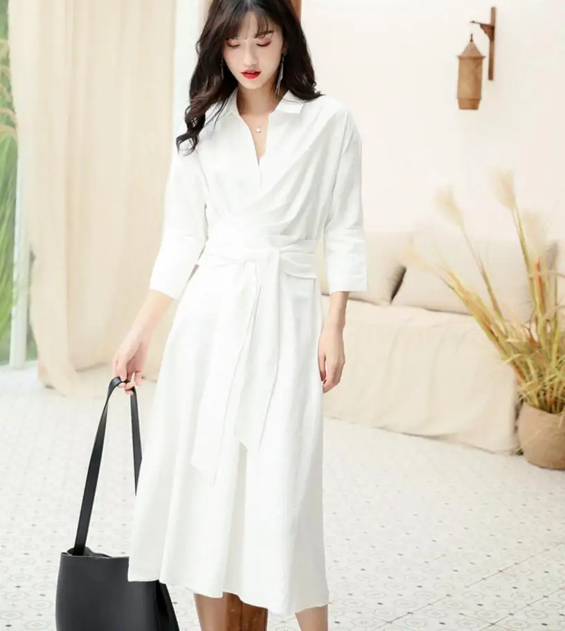 

Dress for Women Street Korean Spring and Summer Seven-point Sleeve Lapel Belt Black White Simple Shirt Dress Elegant Temperament