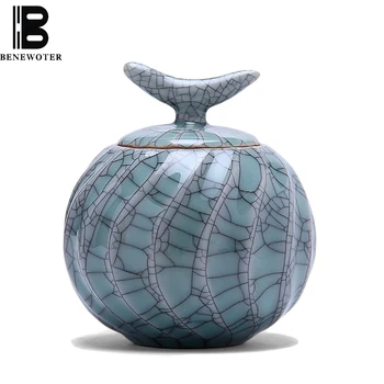 

Retro Celadon Ice Crack Glaze Tea Caddy Pumpkin Style Tea Canister Ceramic Sealed Storage Jar Tea Caddy Accessories Home Decor