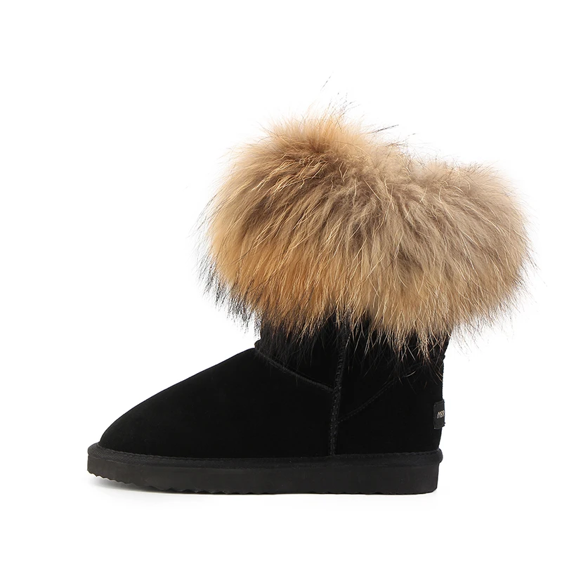 MBR FORCE Fashion Women's Natural Real fox Fur Snow Boots Genuine Cow Leather women Boots Female Warm Winter Boots Shoes