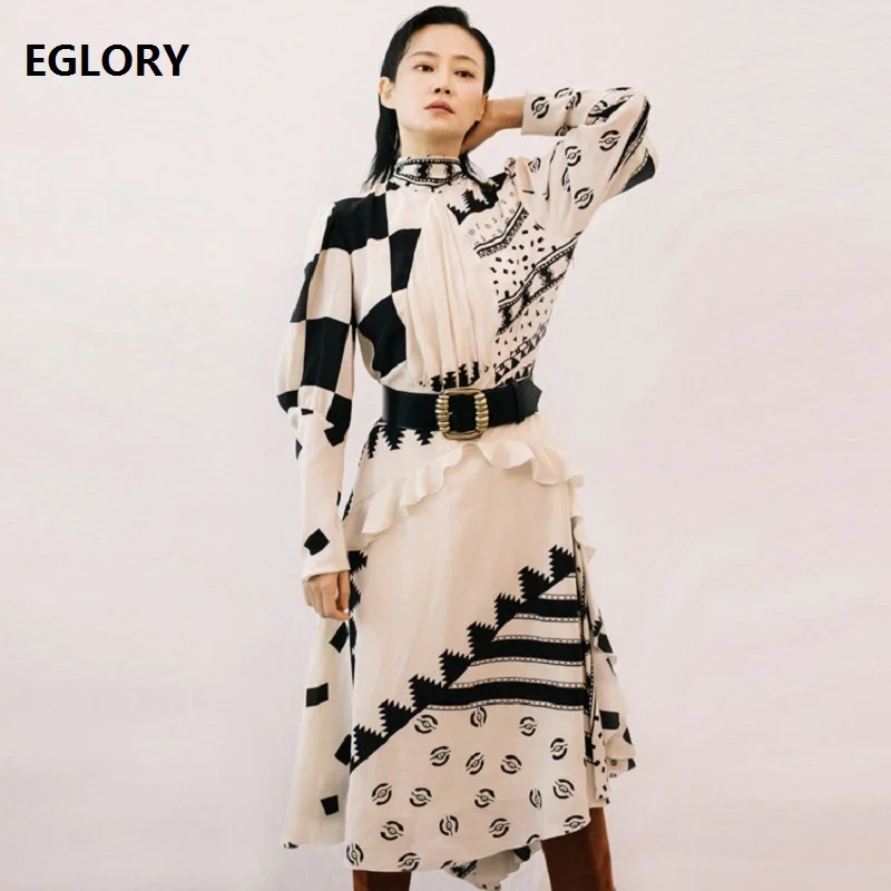 

New Celebrity Inspired Women's Dress 2019 Spring Summer Ladies Back Bow Elegant Geometric Print Long Sleeve Vintage Dress Belt