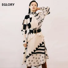 New Celebrity Inspired Women's Dress 2019 Spring Summer Ladies Back Bow Elegant Geometric Print Long Sleeve Vintage Dress Belt New Celebrity Inspired Women's Dress 2019 Spring Summer Ladies Back Bow Elegant Geometric Print Long Sleeve Vintage Dress Belt