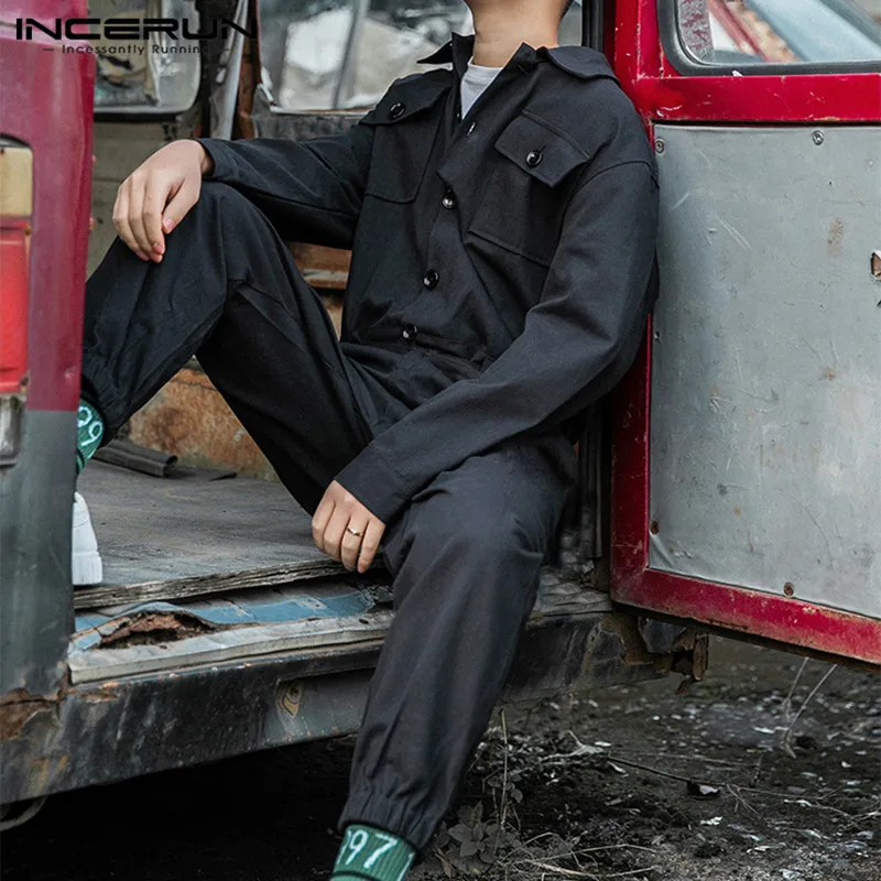 

INCERUN Punk Style Men Jumpsuit Hip-hop Pockets Long Sleeve Pants Streetwear Cargo Overalls Solid Fashion Men Rompers 2019 S-5XL