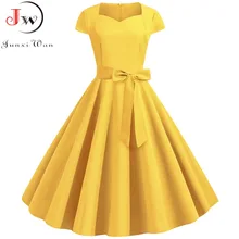 Летнее однотонное желтое винтажное платье 50s 60 s, женские элегантные офисные вечерние платья миди с коротким рукавом и квадратным воротником с поясом