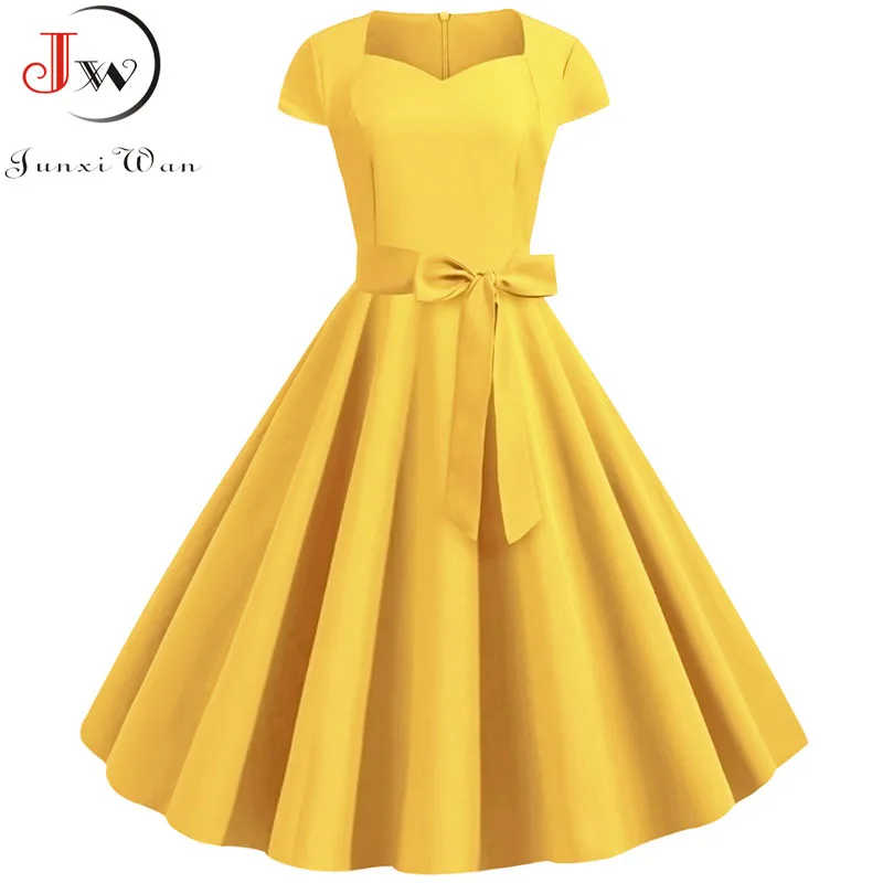 Summer Solid Yellow Color 50s 60s Vintage Dress Women Short Sleeve ...