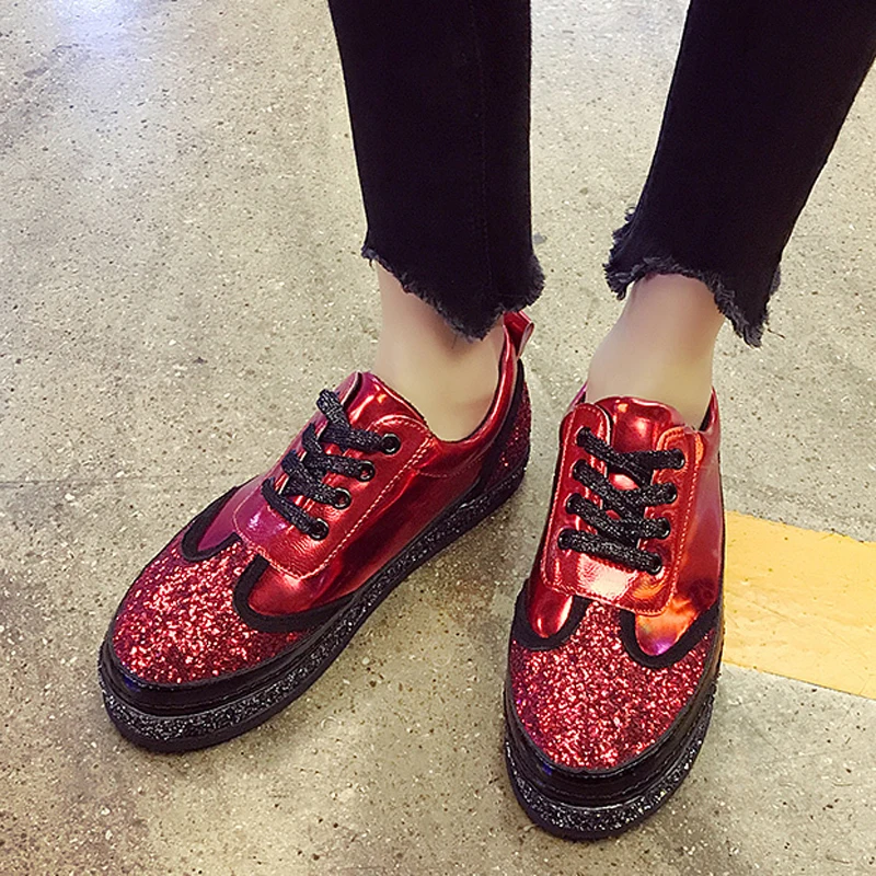 

SAILING LU 2019 New Spring Sneakers Women Platform Flats Bling Loafers Cross-tied Round Toe Creepers Flat Walking Shoes XWD7478