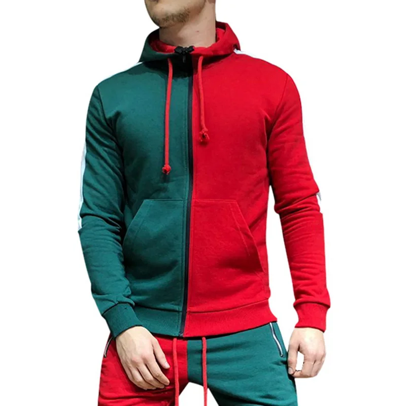 2 шт., уличный тренировочный костюм-печворк, мужская куртка худи+ бриджи для бега, Homme, комплект спортивной одежды в полоску, повседневная мужская одежда на шнурке - Цвет: Red-Green