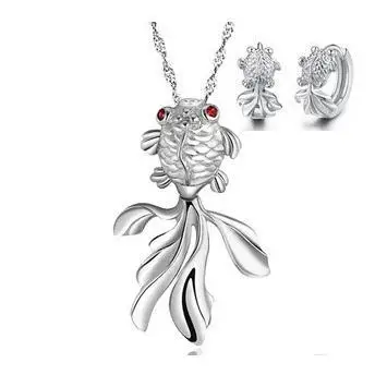 

2016 goldfish design 925 sterling silver jewelry sets cute fish clip earrings with silver pendant necklaces jewelry wholesale