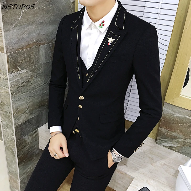 Black with Gold Suit Slim Fit Prom Homme Men Costume