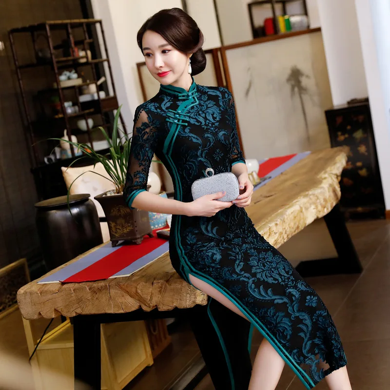 Новое винтажное китайское осенне-зимнее длинное женское кружевное платье Ципао вечернее платье S-4XL
