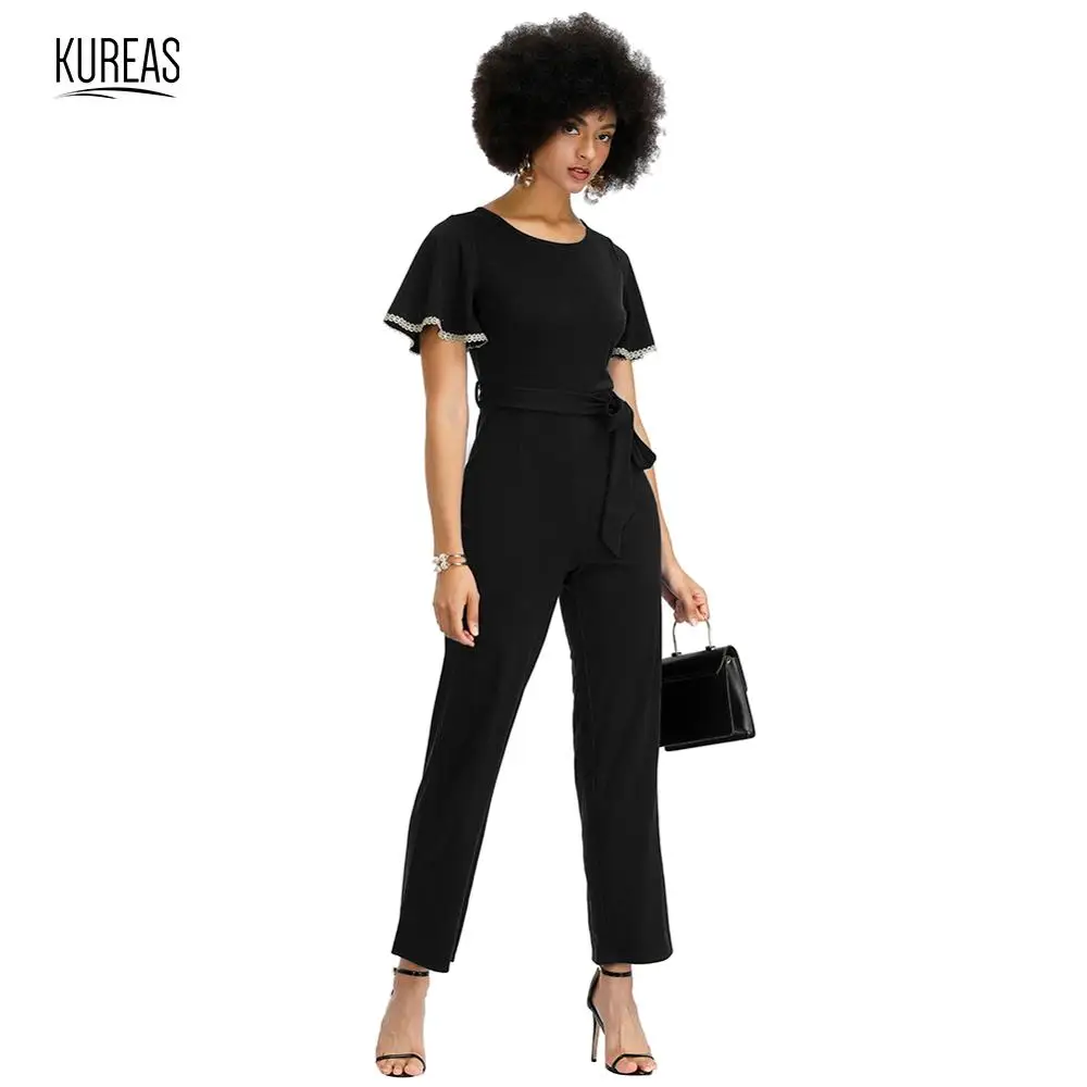 

Kureas Women African Clothes Ethnic Jumpsuit Sexy Lace Ribbon Applique Romper Slim Fit Playsuit Elegant Fashion Long Pants