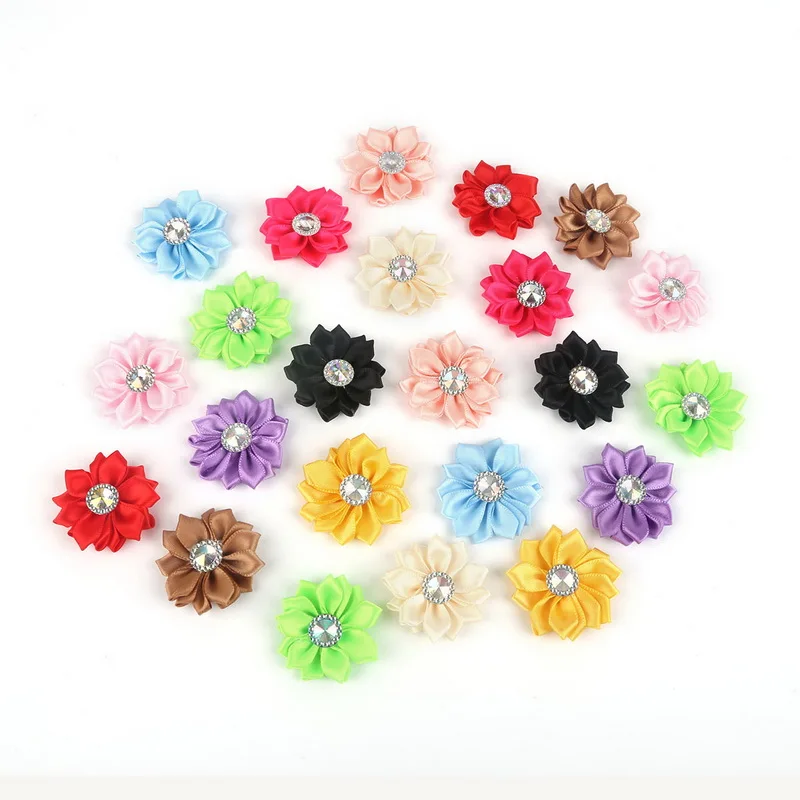 

Small 14 Petals Fabric Flower Stickers Handmade Cloth Flowers with Rhinestone Appliques Sewing Garment For Kids Hair Ornaments