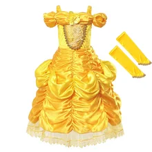 VOGUEON/платье для девочек; одежда с открытыми плечами; многослойный костюм принцессы «Белль»; Детские вечерние платья для костюмированной вечеринки «Красавица и Чудовище» на Хэллоуин