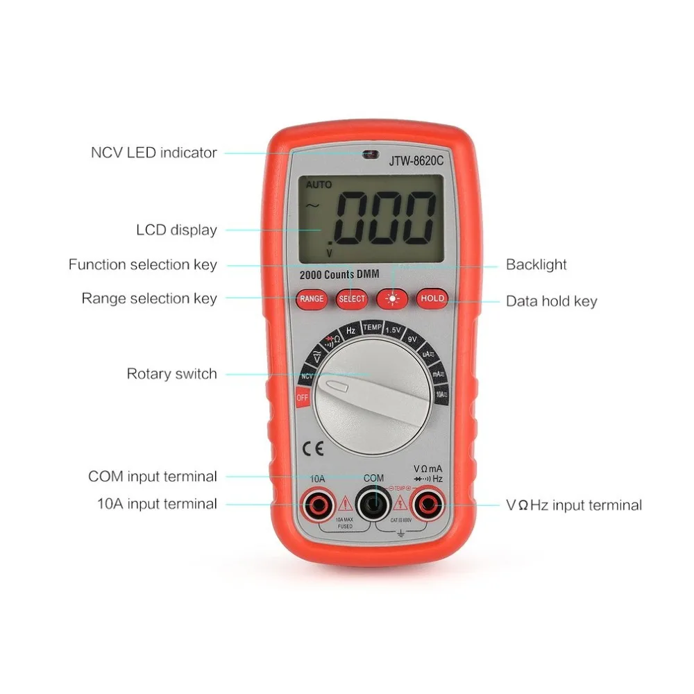 JTW 8620C цифровой мультиметр AC/DC 1999 отсчетов Вольт Ампер Ом Температура Частота Диод