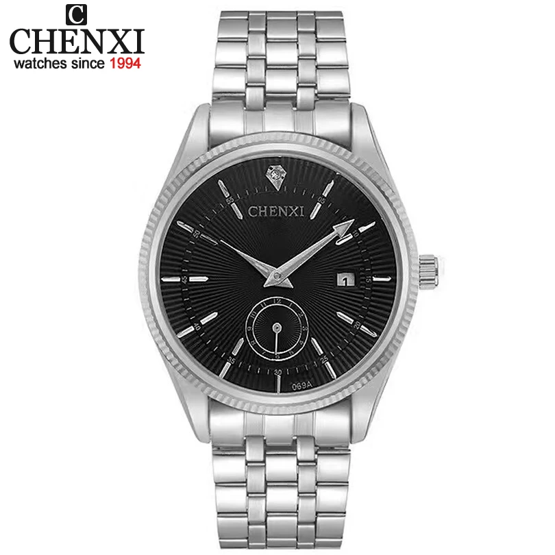 

Small dial can work Top Brand CHENXI Simple Men Business Watches Silver Stainless Steel Band Calendar Male Wrist Watch Relojes
