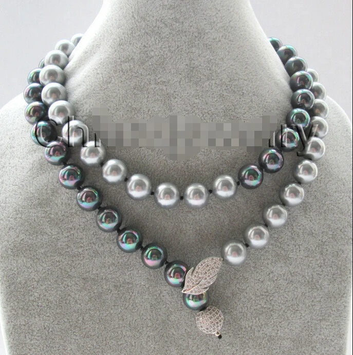 

FREE shipping 35" 12mm gray + bright black perfect round south sea shell pearl necklace - GP