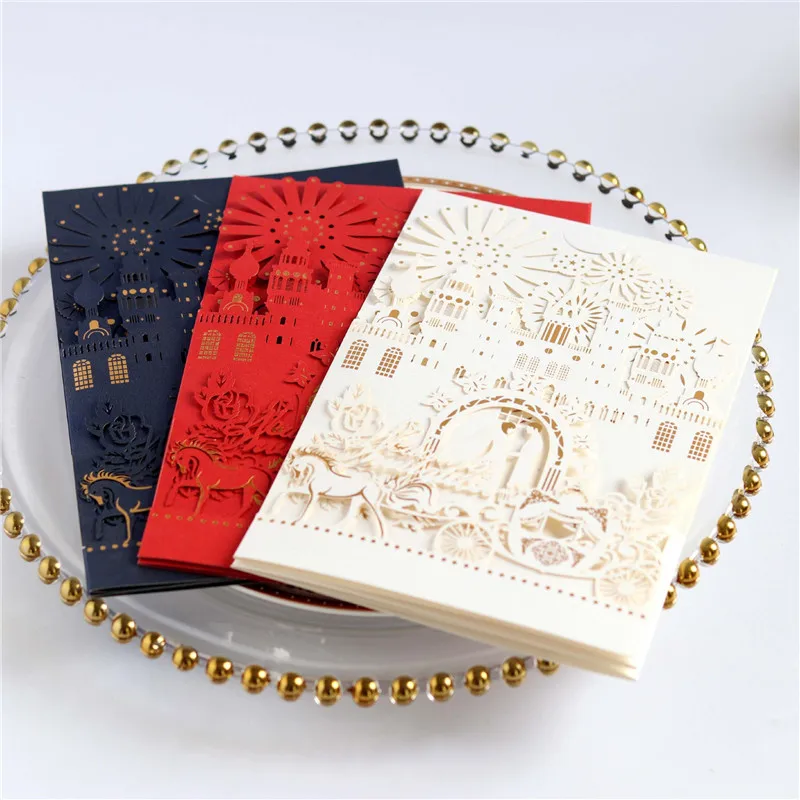 Европейская лазерная резка горячего тиснения приглашение трехмерный замок свадебный автомобиль форма высокого класса Частный заказ