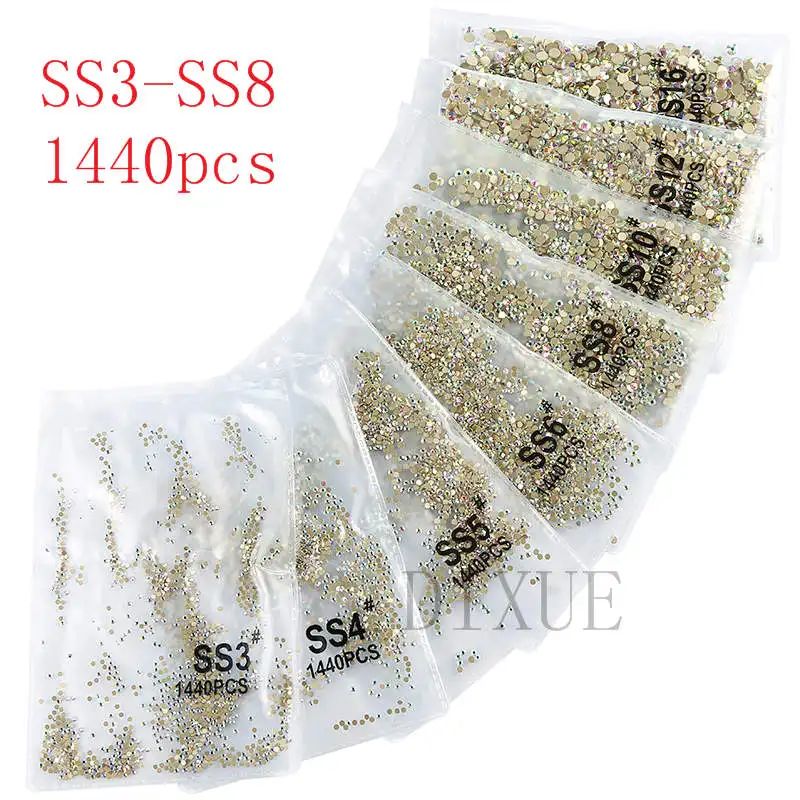 SS3-ss8 1440 قطع واضح كريستال AB الذهب فلاك 3D غير الإصلاح FlatBack مسمار الفن زينة الراين Flatback للملابس 073