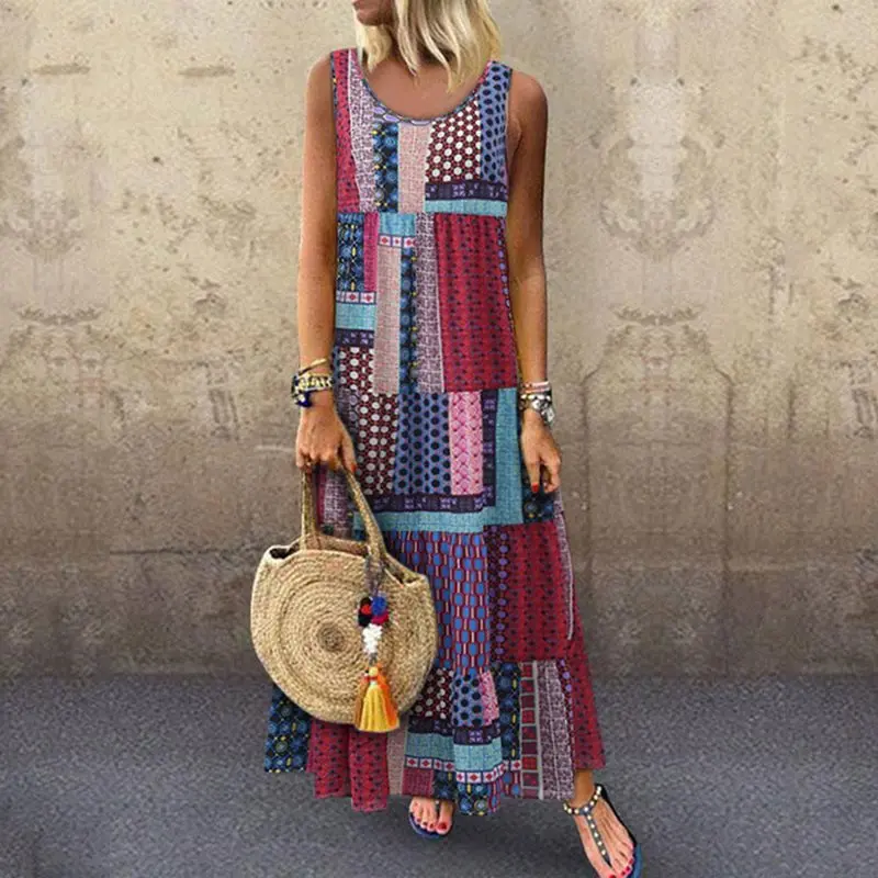 

Boho Ethnic Style Printed Long Dress Women Summer Sleeveless Color Block Fashion Casual Robe Loose Travel Ladies Maxi Dresses