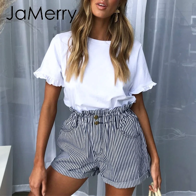 

JaMerry Vintage casual striped shorts women summer High wasit button loose bottom shorts Sexy streetwear shorts female 2019
