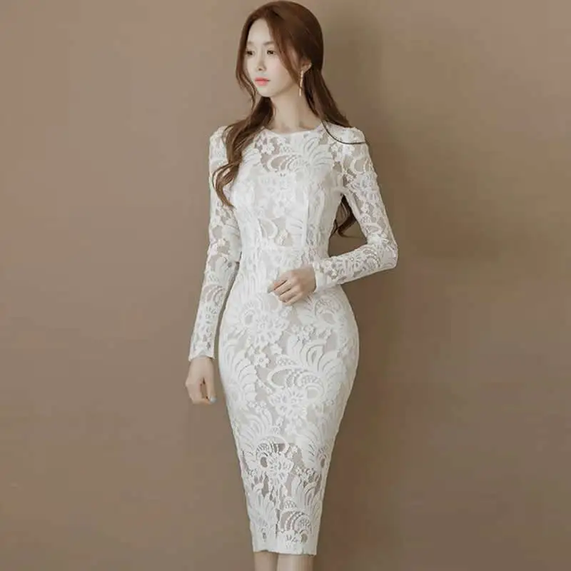 

2019 Midi Women Full Sleeve Bodycon Vestidos White Pencil Sexy White Party Lace Dresses