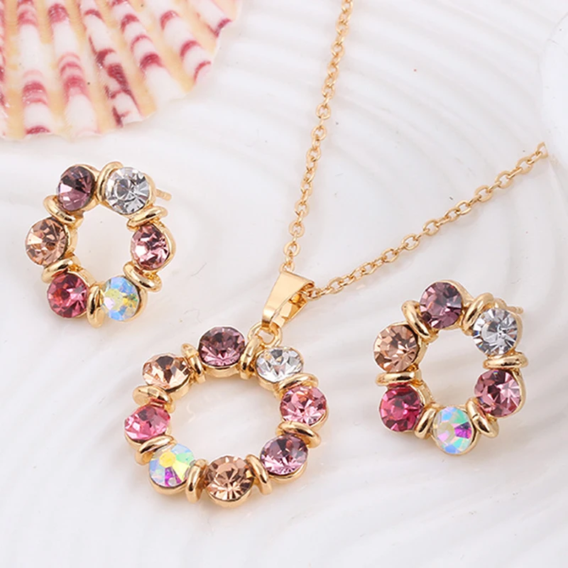 Multicolor Cubic Zircon Pendant Earrings Necklace Jewelry Set Gold Color Round Flower Women Wedding Jewelry Sets