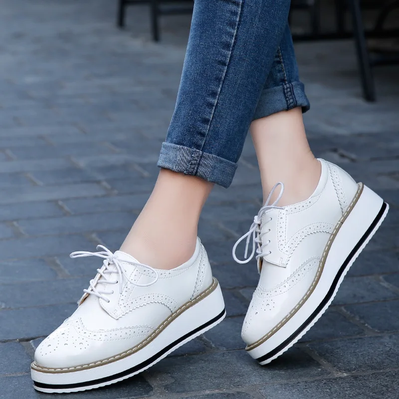 Zapatos Oxford con plataforma para calzado Vintage de charol, de punta redonda, con cordones, planos, talla 34-41 - AliExpress