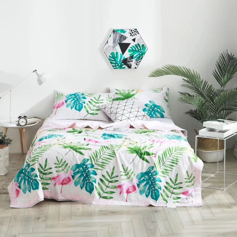 

Ms.O 100% Cotton Famous Brand Silk Tropic Flavor Fern Leaf Flamingo Bird Animal Water Print Summer Quilt bed cover bed spread