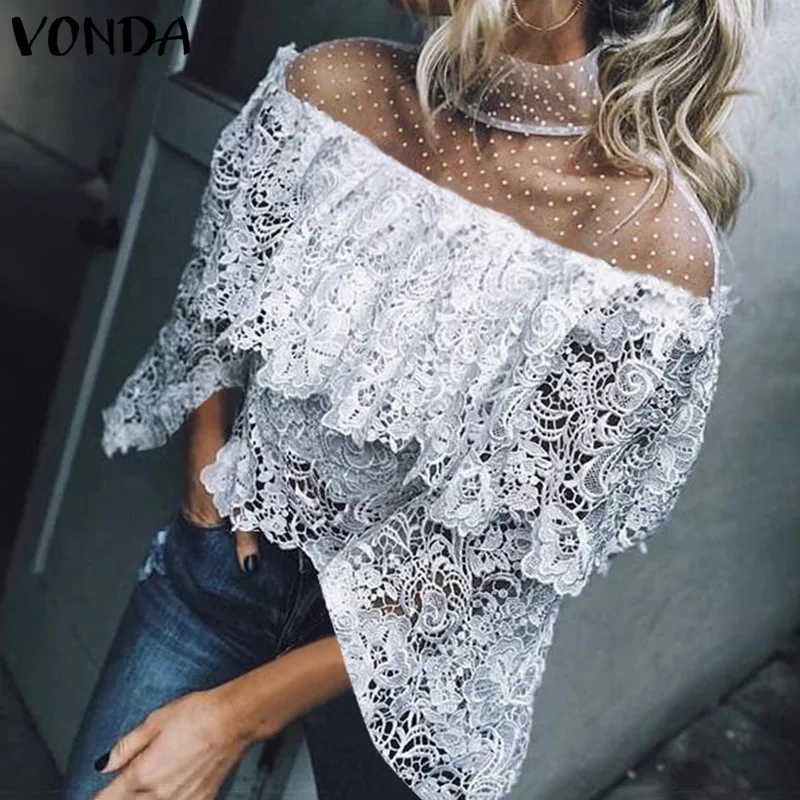 VONDA, топы для женщин, Кружевная блуза, Летняя Открытая туника с открытыми плечами, женская вязаная крючком рубашка, повседневные свободные блузы размера плюс