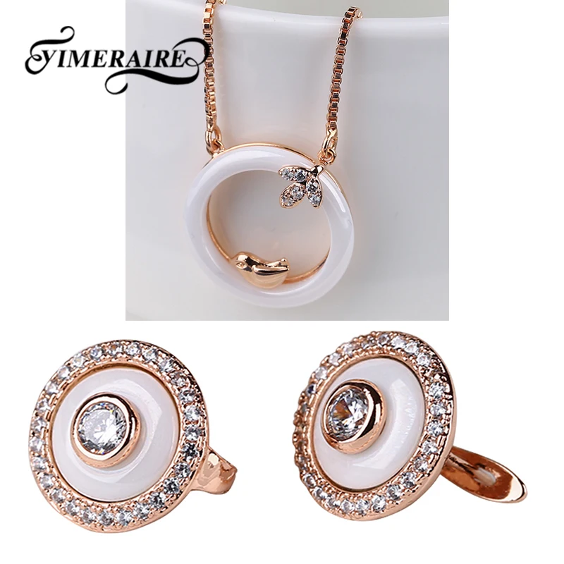 

New 585 Rose Gold Ceramic Women Jewelry Set Rhinestone Round Stud Earrings Cute Bird Pendant Necklace For Lady Anniversary Gifts