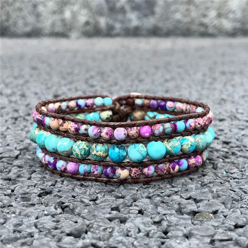 

Women Boho Three Layer Bracelet Round Shape Emperor Stone Single Wrap Bracelet Friendship Beaded Bracelet Natural Stone