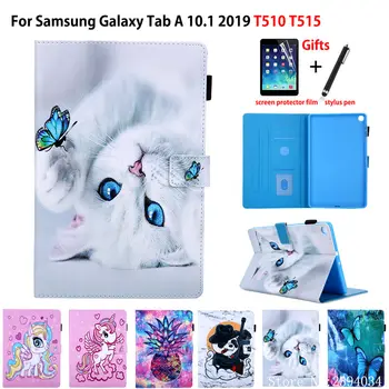 

SM-T515 Case For Samsung Galaxy Tab A 10.1 2019 T510 T515 SM-T510 Cover Funda Tablet Fashion Cat Flip Stand Shell Capa +Gift