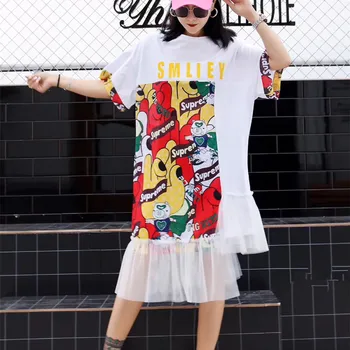 

Street fashion brand 2019 summer ladies large size women's tide people round neck stitching mesh long t-shirt female