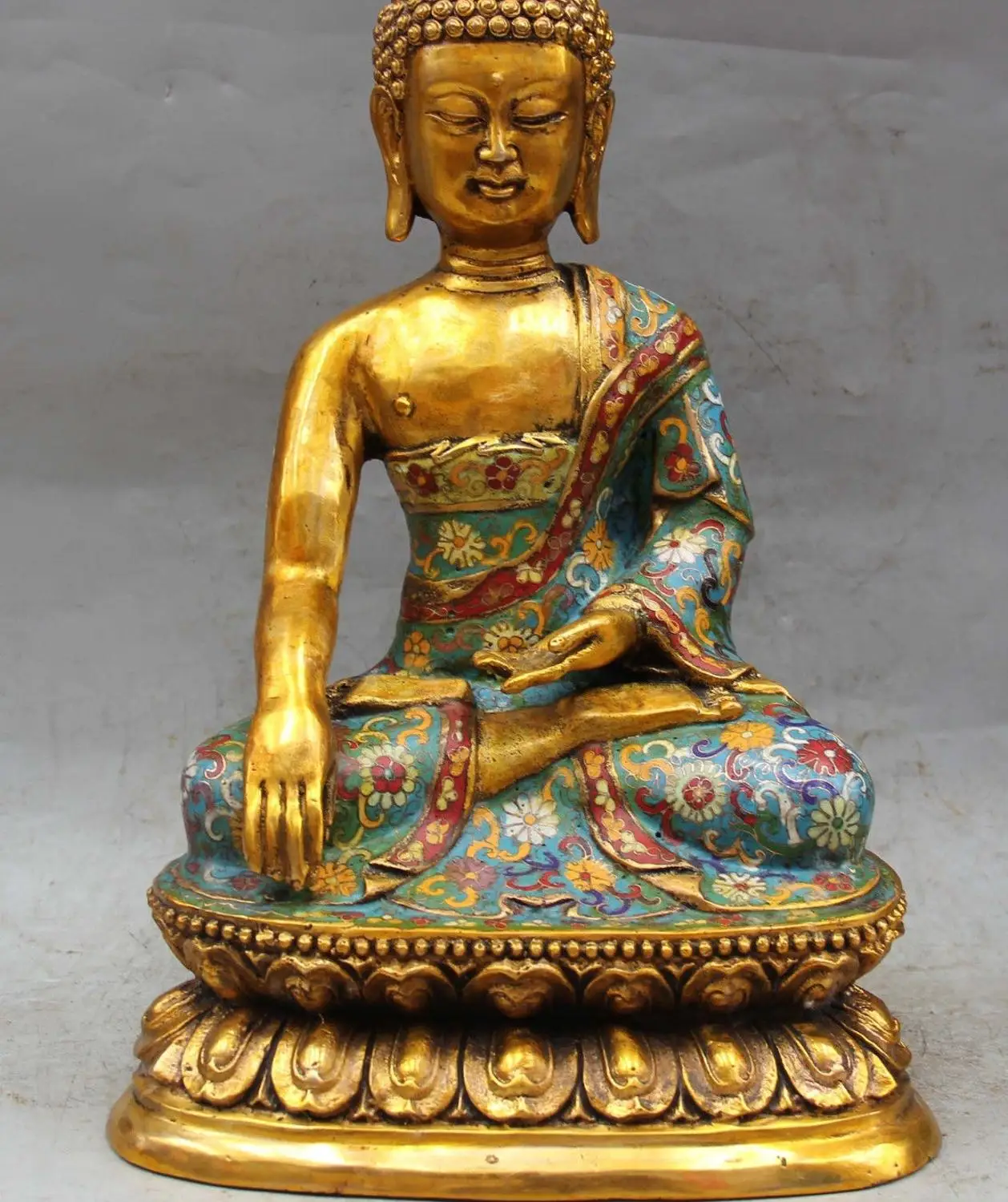

14" Chinese Tibet Cloisonne Enamel Gilt Shakyamuni Sakyamuni Buddha Lotus Statue