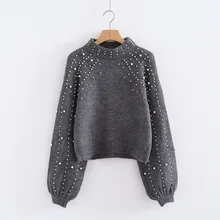 2019 Autumn Winter New Round Neck Pullover Loose Sweater Women's Pearl Decorative Sweater Lantern Sleeves Knitted Tops Wine Red 2019 Autumn Winter New Round Neck Pullover Loose Sweater Women's Pearl Decorative Sweater Lantern Sleeves Knitted Tops Wine Red