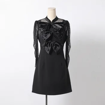 

spring Black bow collar long sleeved gauze dress student lady clothes