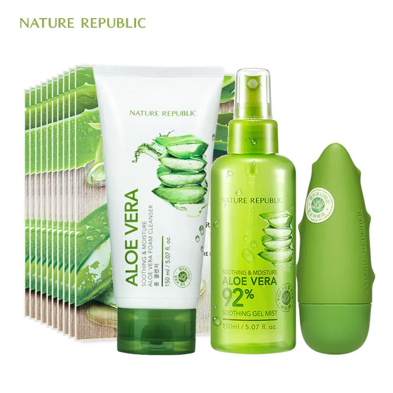

Nature Republic Natural Aloe Essence Moisturizing Set Face Mask Face Toner Face Cleaner Hand Cream Korean Skin Care Set