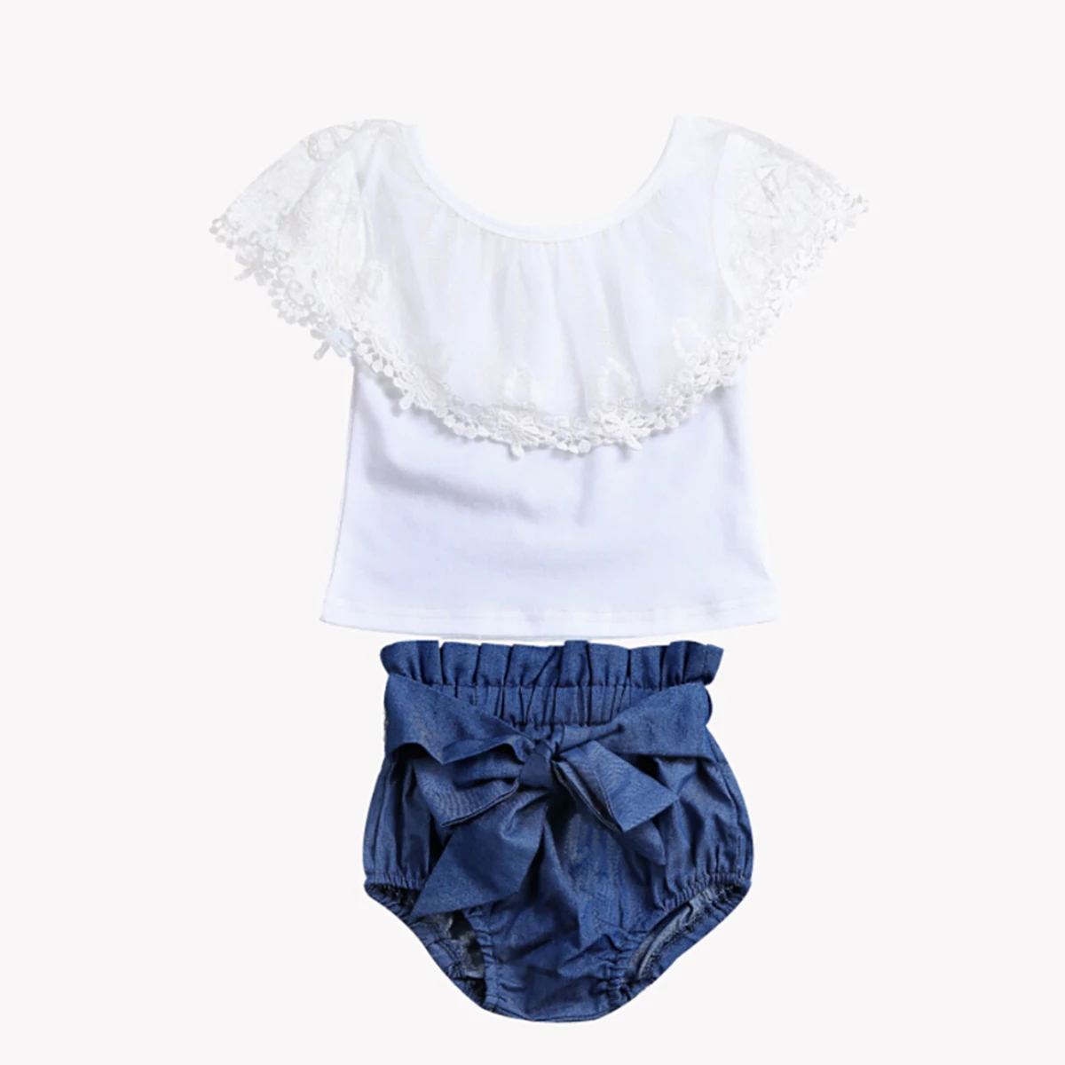 

2Pcs Newborn Toddler Kids Baby Girls Lace Short Sleeve O Neck Tops Denim Bow-knot Shorts Outfits Set Clothes 2018 New new